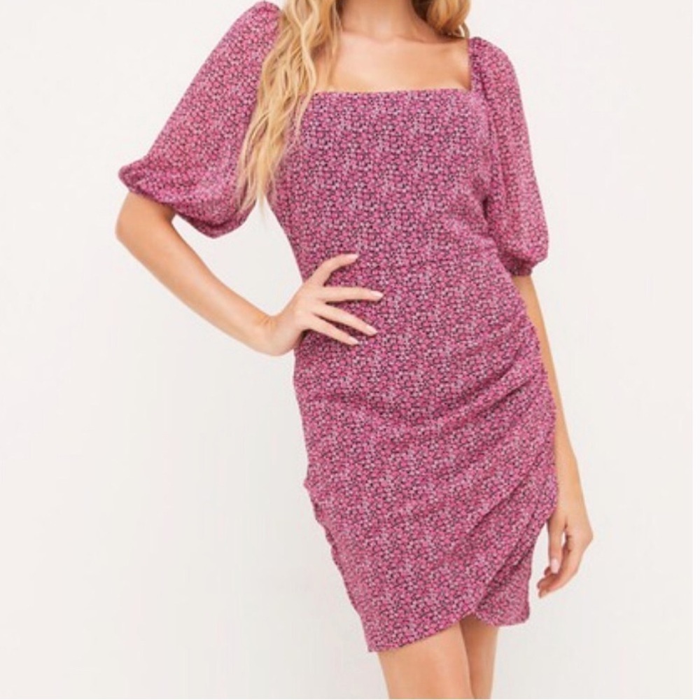 Lush Floral Square Neck Sheer Puff Sleeve Cottagecore Dress size Medium